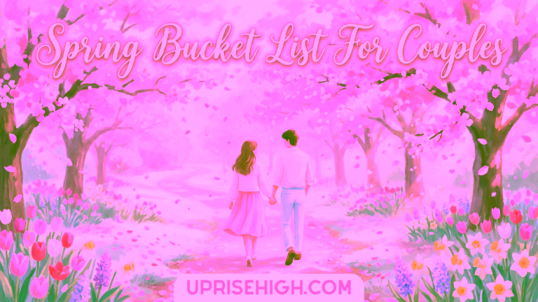 21 Spring Bucket List Ideas For Couples (Romantic & Fun) 4 A soft watercolor illustration of a couple holding hands while walking down a path through a dreamy cherry blossom grove in full bloom, surrounded by colorful spring flowers including tulips, daffodils, and lavender, with pink petals gently falling around them under a pastel sky.