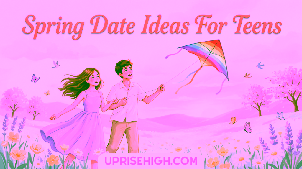 20 Fun Spring Date Ideas for Teenagers (Budget-Friendly) 8 A whimsical watercolor illustration of two teens flying a rainbow kite together in a spring meadow filled with wildflowers (daisies, buttercups, and lavender), cherry blossom trees, and butterflies under a soft pastel sky at sunset.