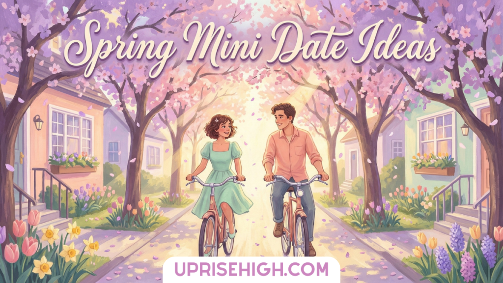 A dreamy watercolor illustration of a couple riding bicycles side by side down a tree-lined residential street in spring, with cherry blossoms in full bloom creating a canopy overhead, pastel-colored houses with flower boxes, and colorful spring flowers (tulips, daffodils, hyacinths) lining the sidewalk as petals gently fall around them.