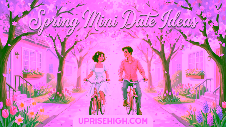 A dreamy watercolor illustration of a couple riding bicycles side by side down a tree-lined residential street in spring, with cherry blossoms in full bloom creating a canopy overhead, pastel-colored houses with flower boxes, and colorful spring flowers (tulips, daffodils, hyacinths) lining the sidewalk as petals gently fall around them.