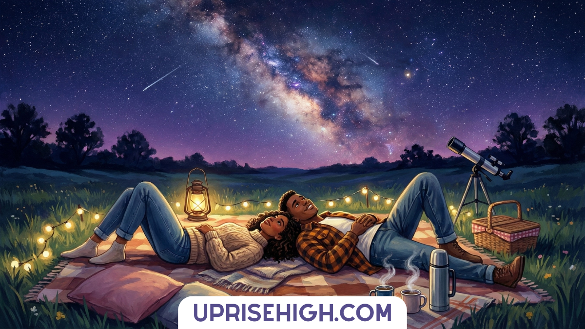 A romantic illustration of a couple lying on a blanket under the Milky Way during a meteor shower, surrounded by string lights and lanterns in a meadow, with a telescope, picnic basket, thermos, and mugs nearby, gazing up at the purple-pink starlit sky with shooting stars.