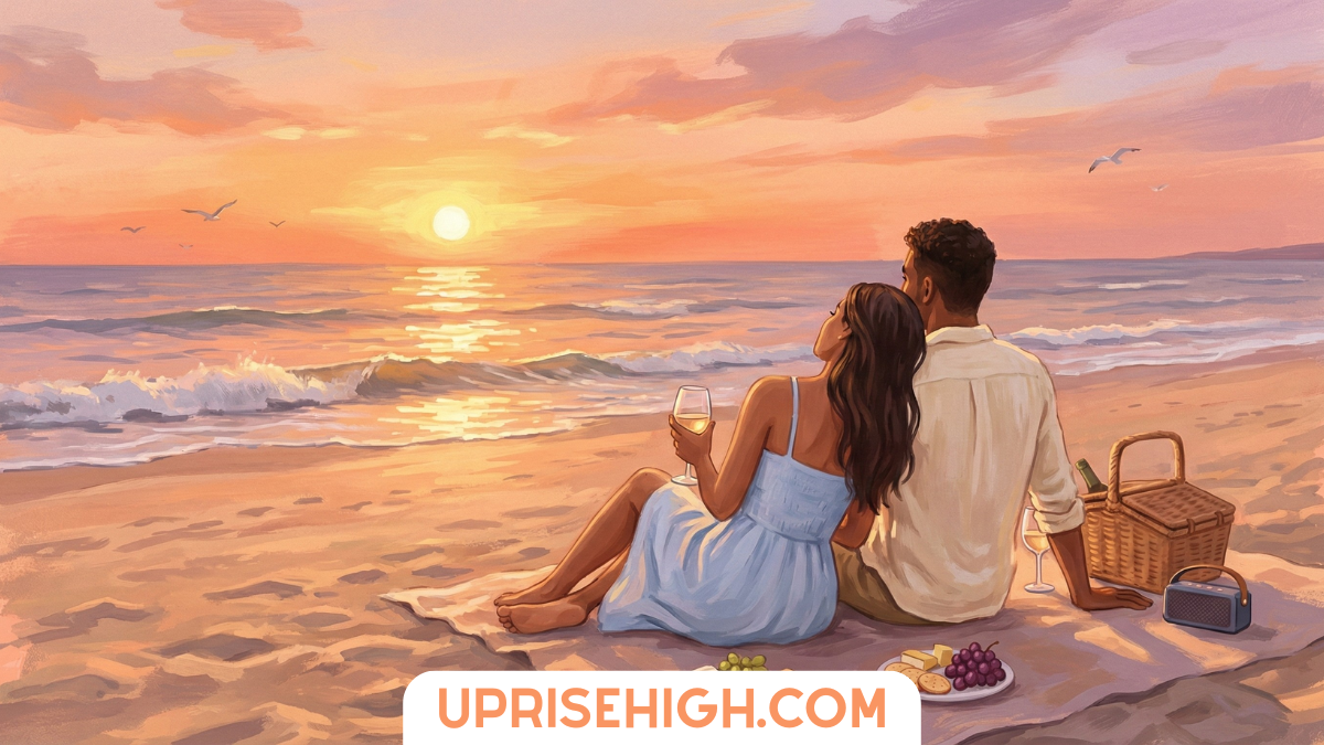A romantic painted illustration of a couple sitting close together on a beach at sunset, watching the golden sun dip into the ocean with seagulls flying overhead, sharing wine from glasses with a picnic basket, cheese, grapes, and blanket beside them on the sand, bathed in warm peachy-pink light reflecting off the waves.