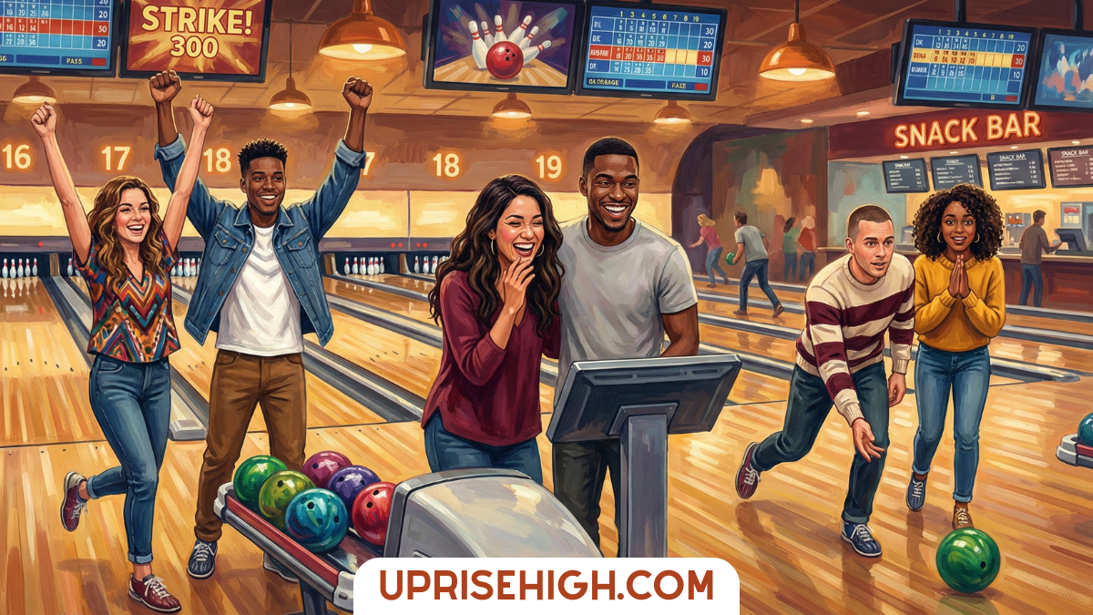 A diverse group of friends celebrating at a bowling alley with digital scoreboards, colorful bowling balls, and lanes visible in the background.