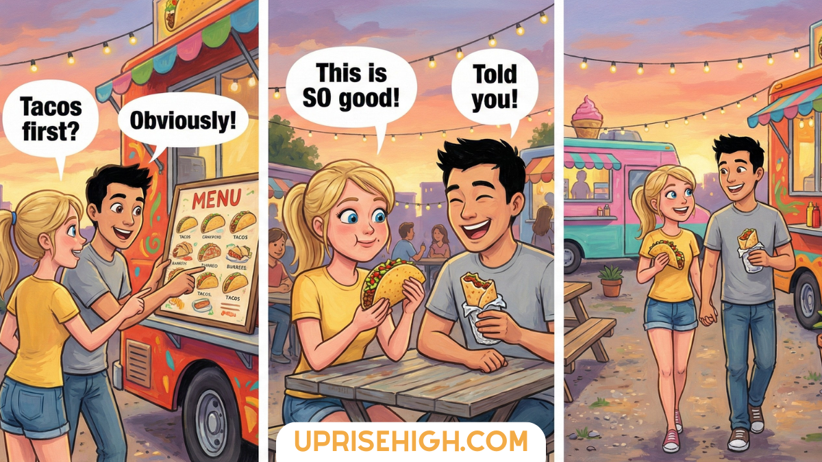 Couple exploring food trucks at sunset, ordering tacos, enjoying their meal together, and sampling different cuisines at a festive outdoor food market.