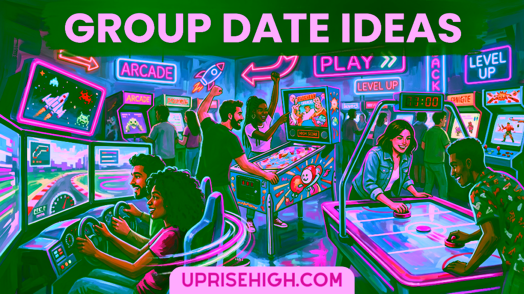 18 Group Date Ideas That Beat Dinner Every Single Time 9 Couples enjoying various arcade games including racing simulators, pinball, air hockey, and retro video games in a vibrant neon-lit arcade venue.