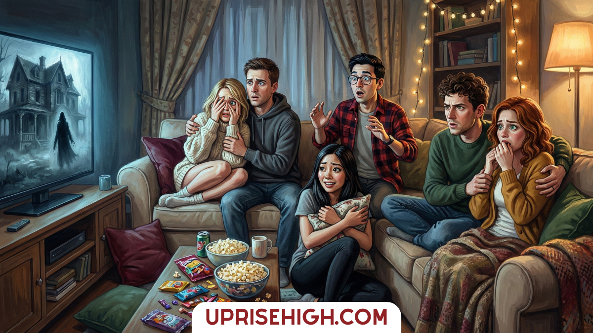 Group of friends watching a horror movie together on a cozy couch with popcorn and snacks, showing scared and startled reactions to the film.