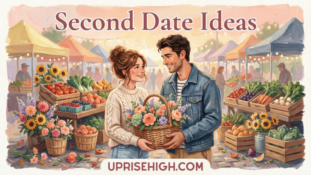 Couple shopping together at a farmers market with fresh produce, flowers, and vendor tents under string lights on a sunny day.