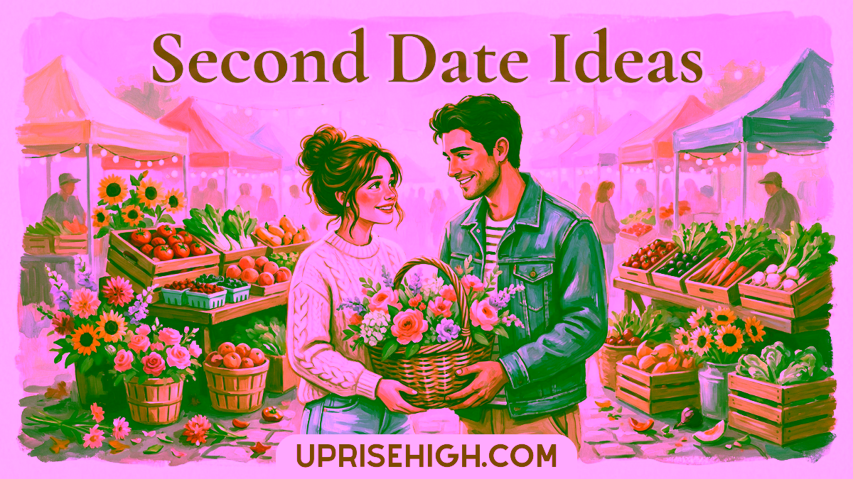 Couple shopping together at a farmers market with fresh produce, flowers, and vendor tents under string lights on a sunny day.