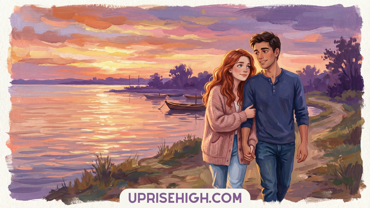 Couple walking hand in hand along a scenic waterfront path at sunset with boats and colorful sky in the background.