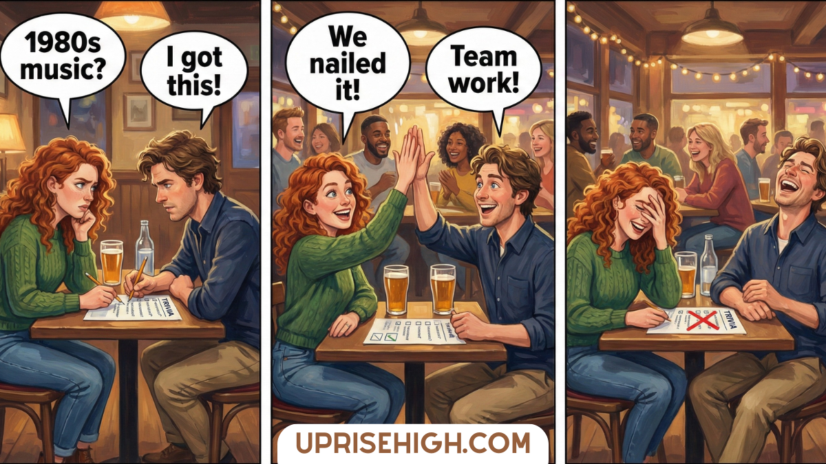 Couple participating in pub trivia night, answering questions together, celebrating a correct answer with a high-five, and laughing with friends in a cozy bar setting.