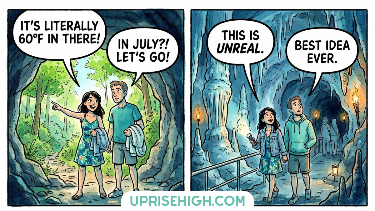 Couple escaping summer heat by visiting a cool cave with dramatic ice formations, stalactites, and atmospheric torch lighting on a hot July day.
