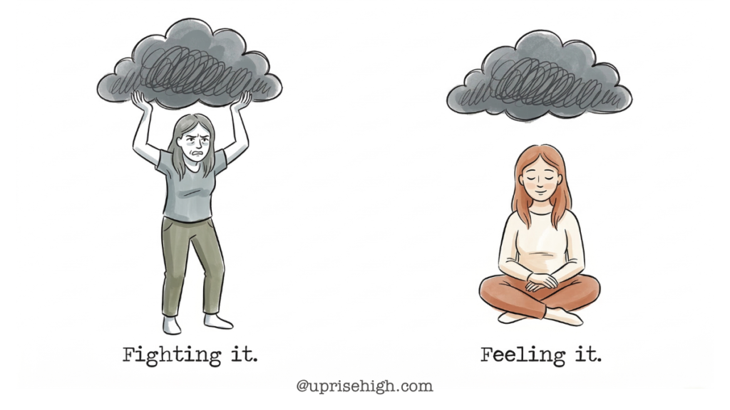 Illustration comparing emotional coping styles: a stressed woman fighting a dark cloud versus a calm woman meditating and accepting her feelings. Concept of mindfulness, emotional acceptance, and mental health awareness.