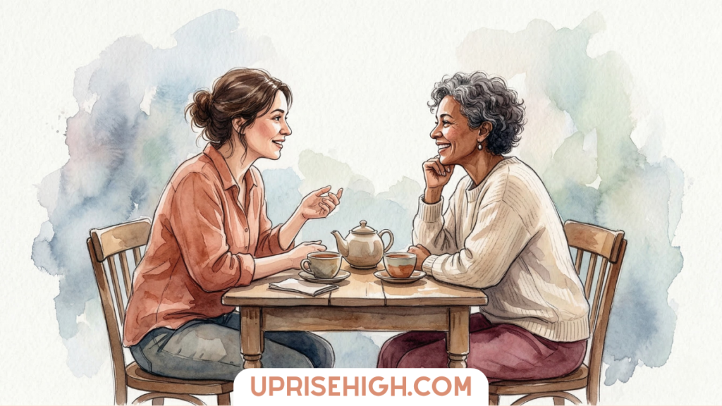 Watercolor illustration of two women enjoying a meaningful conversation over tea, symbolizing deep friendship, strong relationships, and investing in a few close connections for emotional well-being.