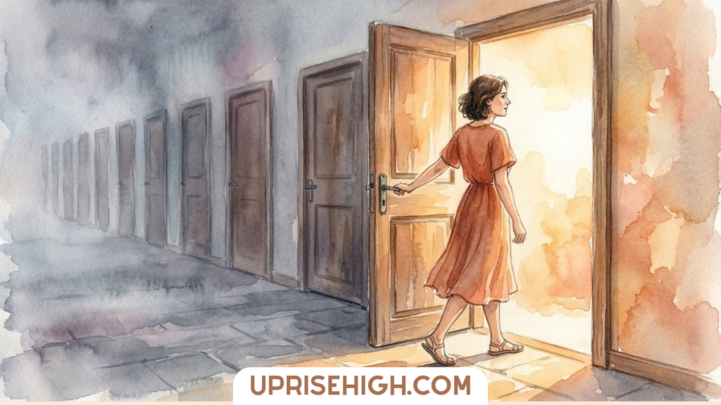 Watercolor illustration of a woman leaving a dark hallway of closed doors and stepping into a bright open doorway, symbolizing decision-making, moving forward, and choosing progress over perfection.