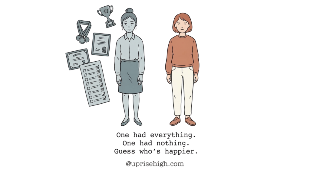 Illustration showing a stressed woman surrounded by achievements and awards versus a calm, happy woman with nothing, highlighting the idea that happiness isn’t tied to success or possessions.
