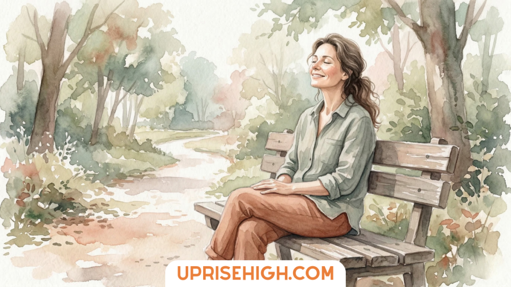 Watercolor illustration of a peaceful woman sitting on a park bench with eyes closed, enjoying fresh air and nature along a tree-lined path. Ideal concept for mindfulness, relaxation, mental wellness, and stress relief.