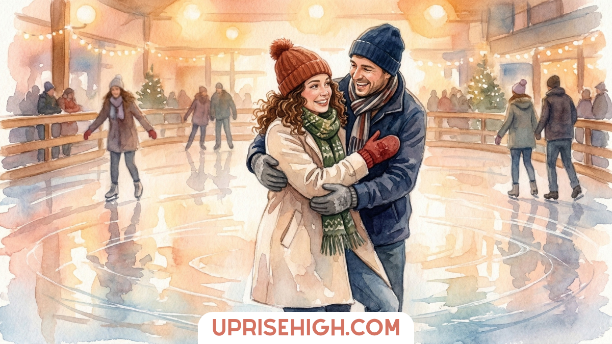 Couple ice skating together at an indoor rink during winter, wearing cozy winter clothes and knit hats, embracing on the ice with festive decorations and string lights in the background.