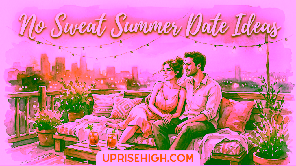 Couple relaxing on a rooftop terrace at sunset with city skyline views, string lights, comfortable seating, drinks, and potted plants creating a romantic evening atmosphere.