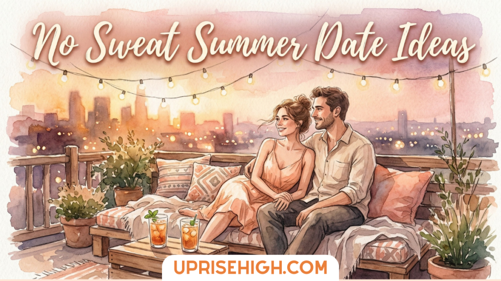 Couple relaxing on a rooftop terrace at sunset with city skyline views, string lights, comfortable seating, drinks, and potted plants creating a romantic evening atmosphere.