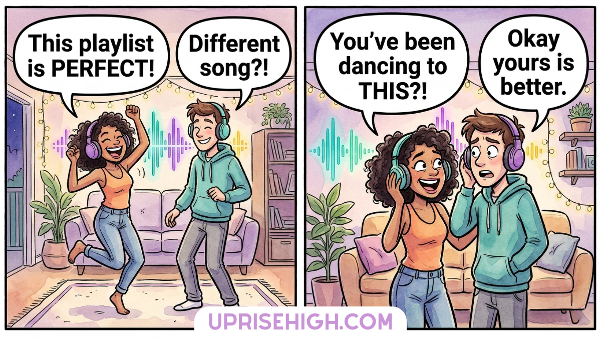 Couple having a silent disco at home wearing headphones, dancing to different playlists, discovering they're listening to different songs, and playfully debating whose music choice is better.