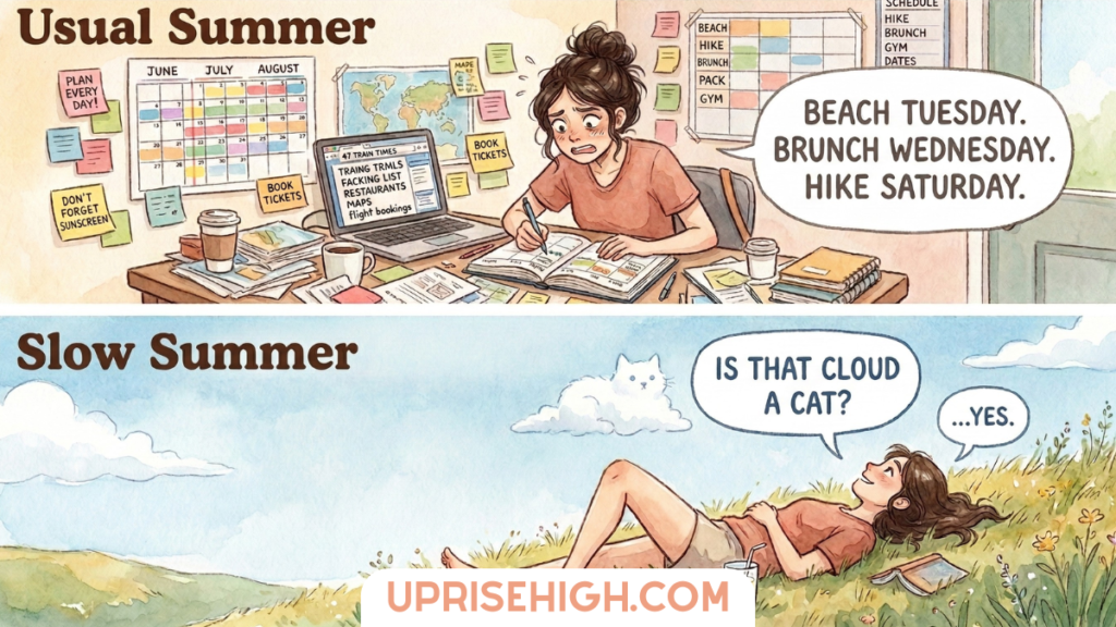 Comparison of busy versus relaxed summer lifestyles: top panel shows stressed person with overscheduled calendar and activities, bottom panel shows person peacefully cloud-watching in a meadow, illustrating slow living philosophy.