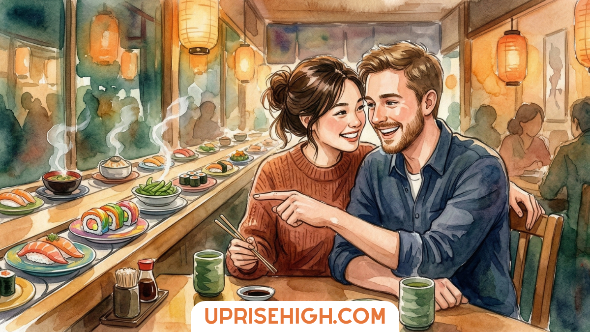 Couple enjoying a meal together at a conveyor belt sushi restaurant, selecting colorful plates of sushi and sharing an intimate moment in a cozy Japanese dining setting.