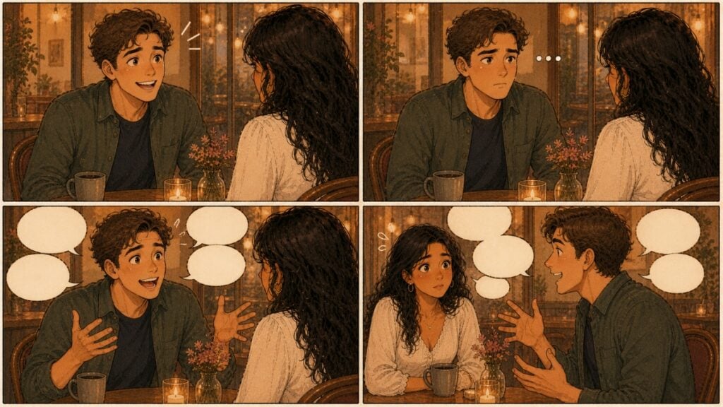 Cozy cafe conversation between man and woman