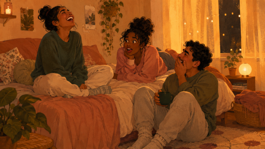 Three friends laughing and sharing candid conversations in a cozy bedroom late at night, capturing the warm and intimate energy of deep friendship. A South Asian woman, a Black woman, and a Latino man in comfortable oversized sweaters, caught mid-reaction in a genuine moment of connection.
