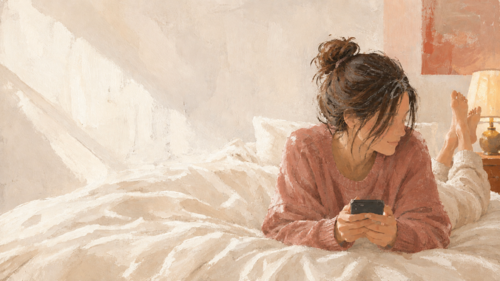 Illustration of a young woman lying on her stomach on a bed, smiling as she reads a text on her phone