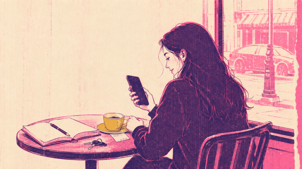 34 Texts to Make Him Smile Without Trying Too Hard 6 Woman at a café window smiling at a text on her phone